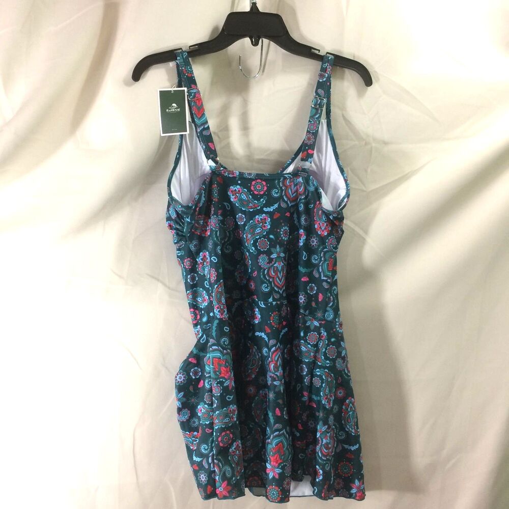 NEW Eomenie Green Paisley Swim Dress Large Adjustable Straps Built In Bra NWT - Picture 4 of 6